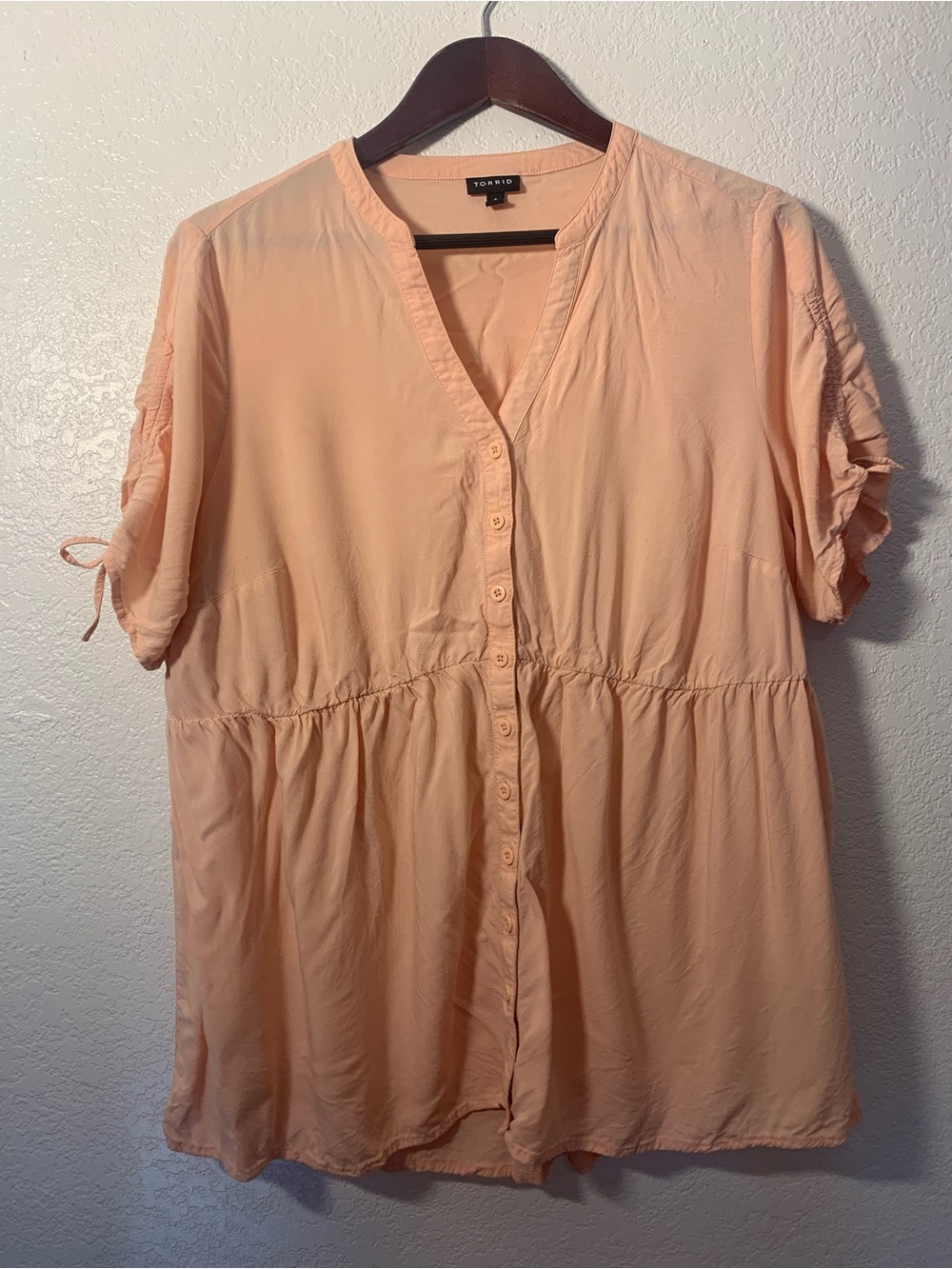 torrid 100% Rayon Peach Button-Front Peplum Top with Tie Sleeves | 1